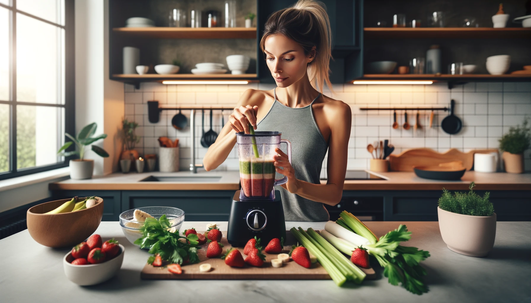 woman is in her modern, well-lit kitchen, preparing a healthy smoothie